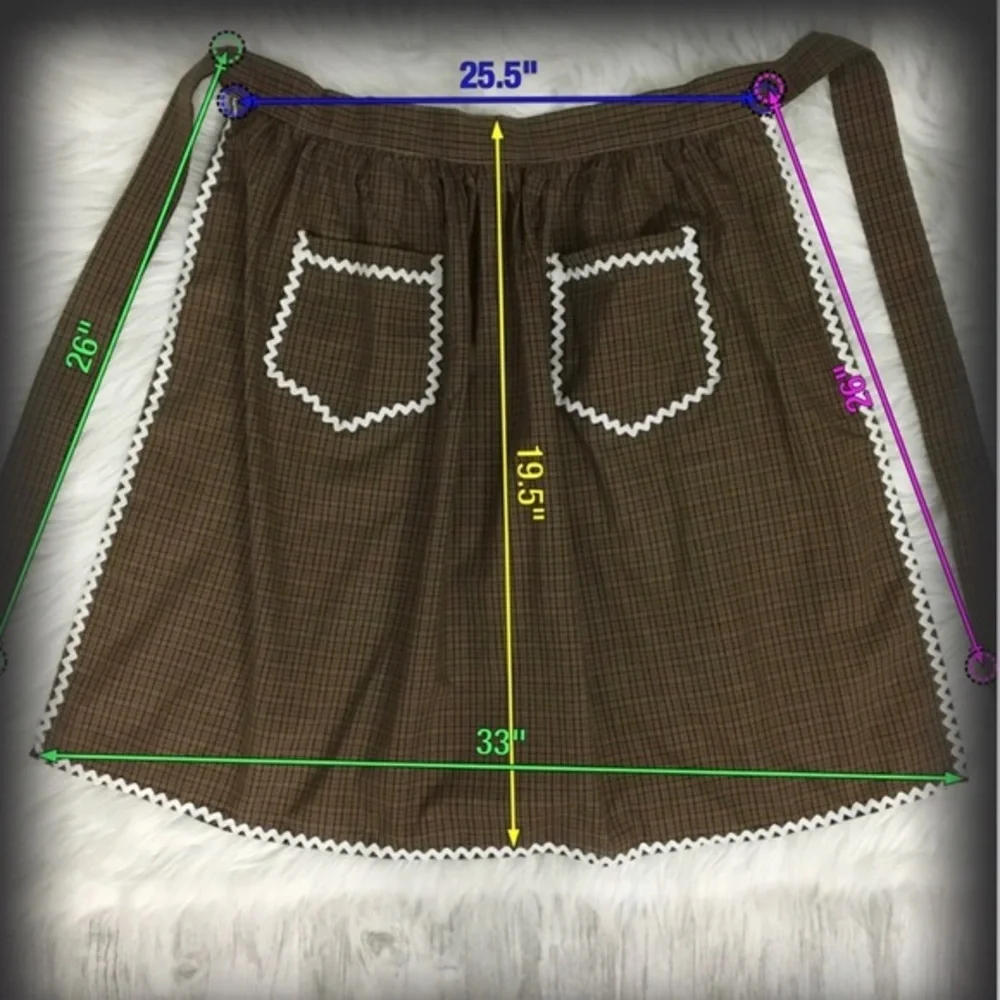 Vintage Brown Half Apron White Rick Rack Pockets Handmade Tie Sash Green Black - Picture 13 of 14